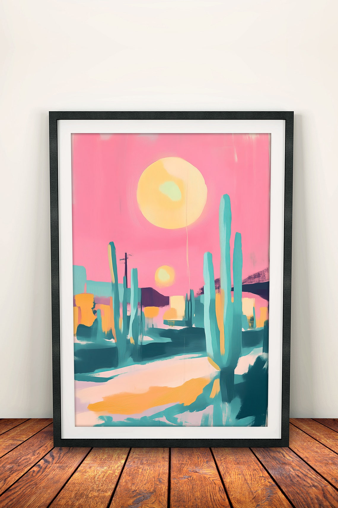 Abstract Desert With Twin Suns Teal Saguaro Modern Art Poster - Image 2