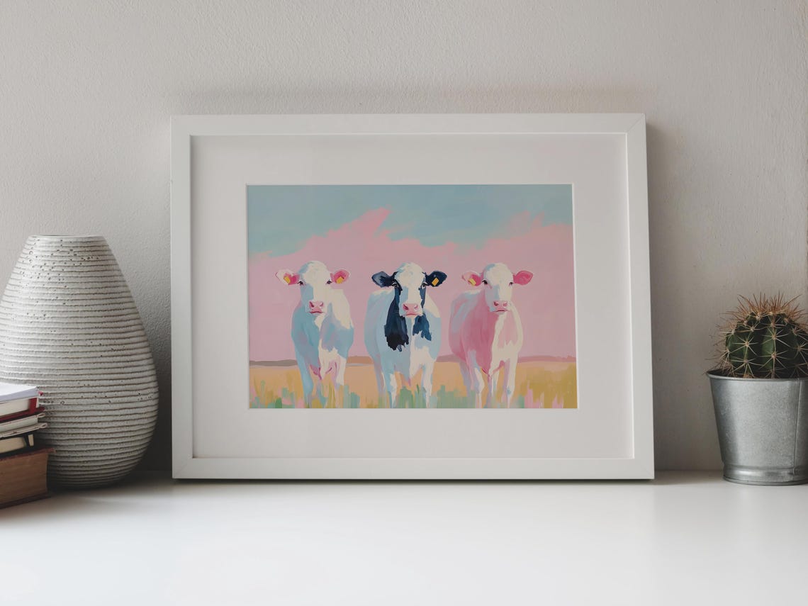 Pastel Cute Cows Painting Farmhouse Cow Art Rustic Cow Painting Cow Lovers Gift Country Home Decor Cow Print Art Farm Animal Painting - Image 4
