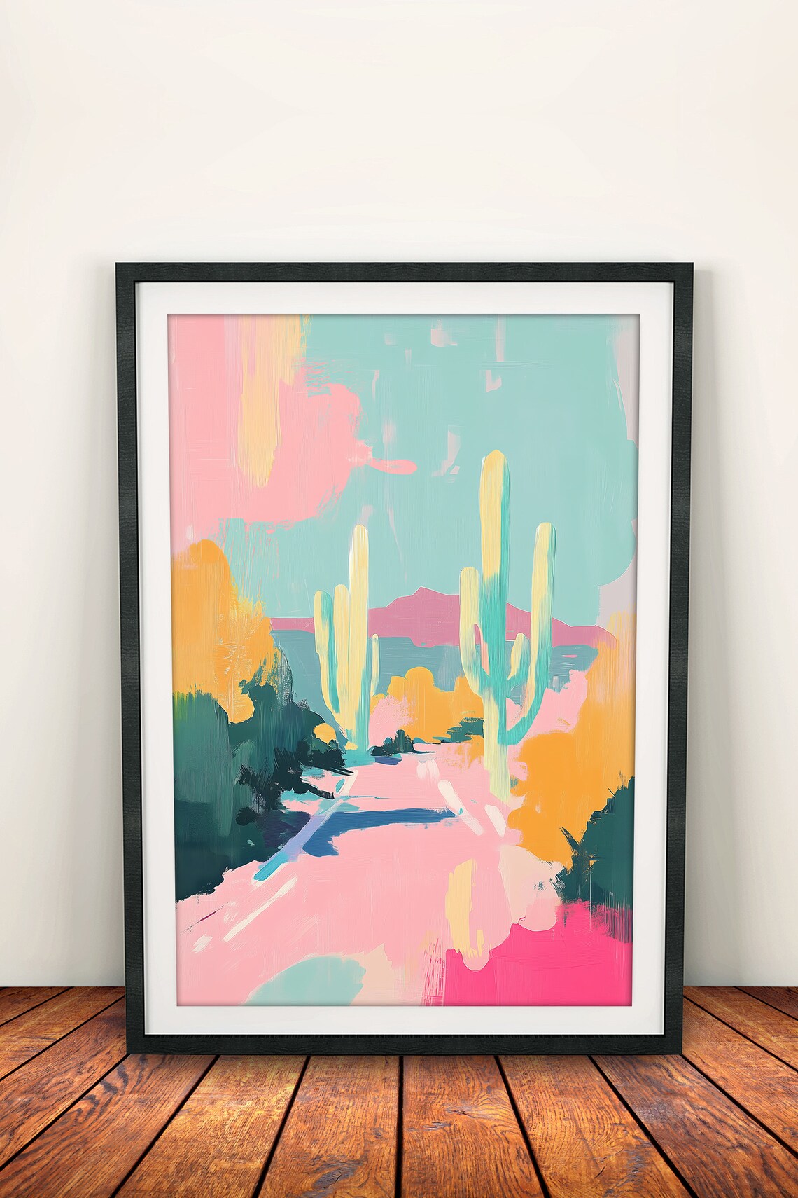 Saguaro Cacti in Pink and Teal Desert Pastel Abstract Landscape Poster - Image 2