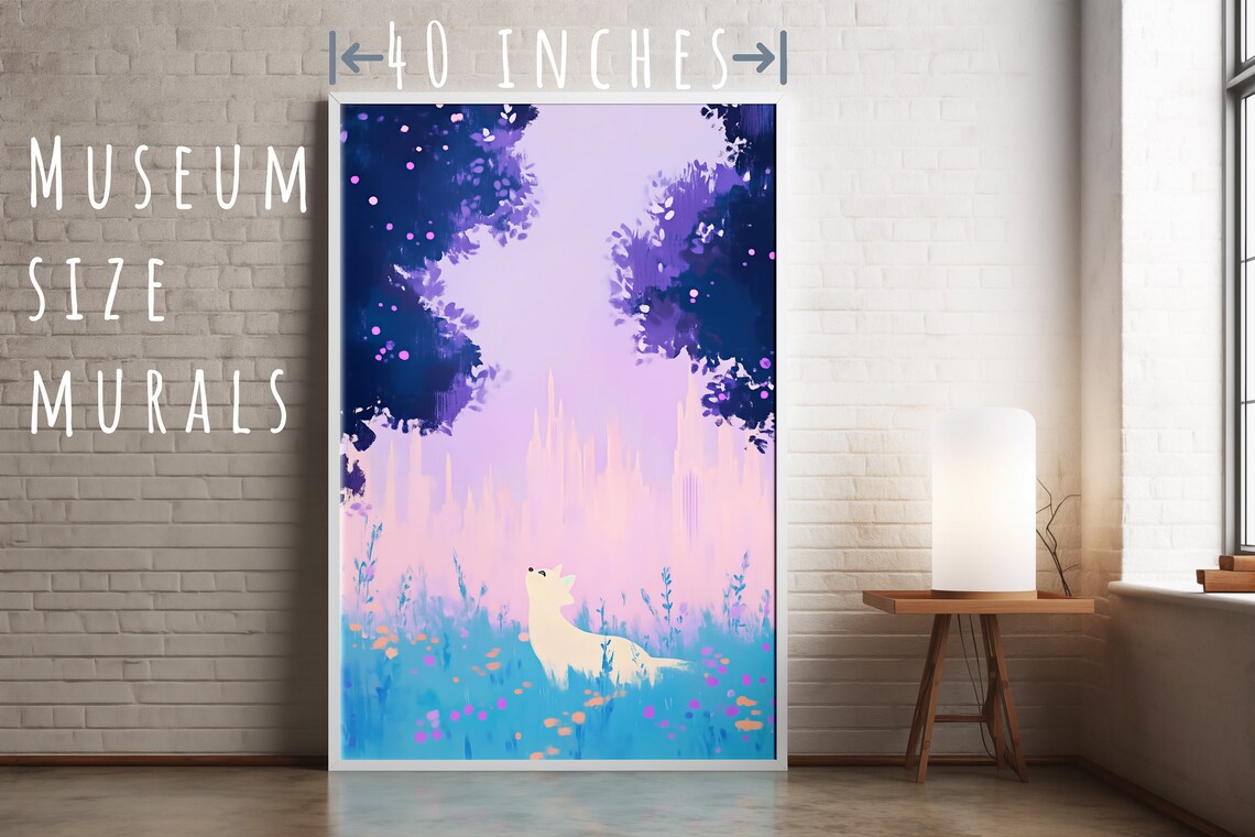 White Fox in a Dreamy Pastel Meadow Under Blossom Trees Night Art Print - Image 5