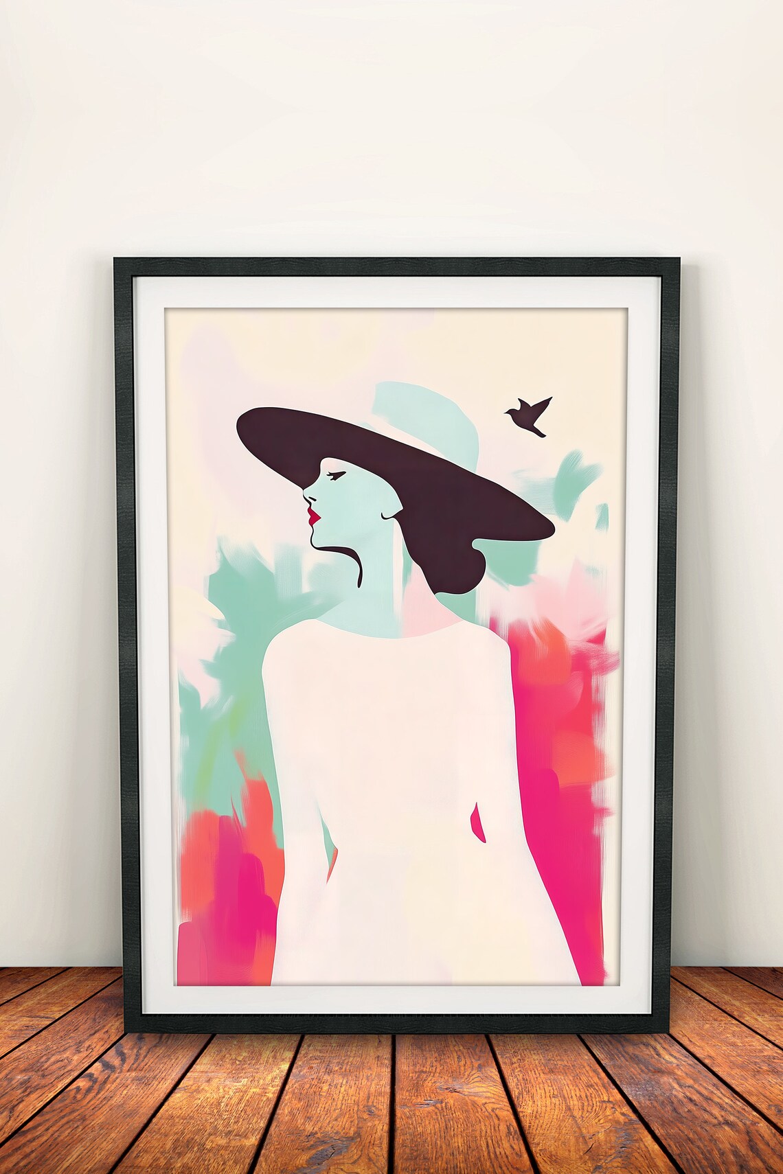 Elegant Minimalist Woman in Wide Black Hat Pastel Fashion Art Poster - Image 2