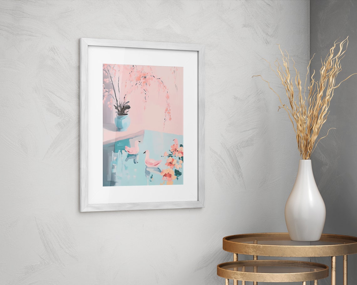 Pink Ducks Swimming in Turquoise Pond Chinoiserie Pastel Wall Poster - Image 2