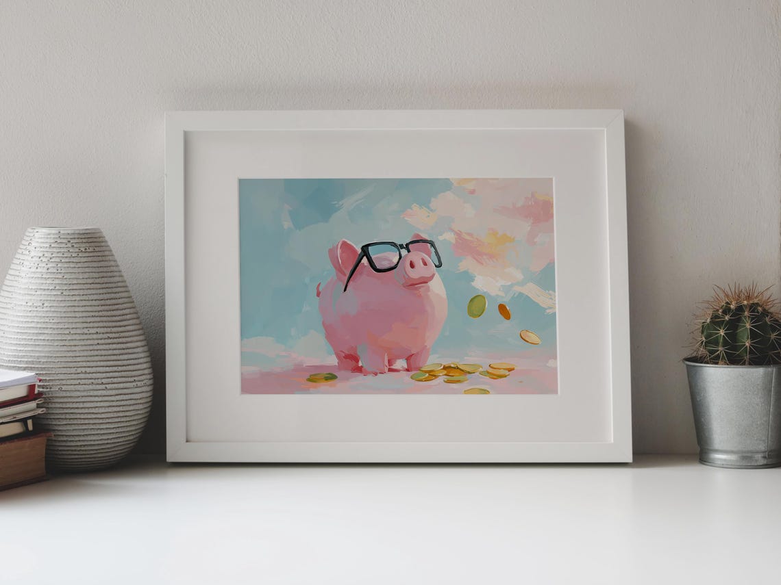 Rich Piggy Bank Painting Pixel Glasses Piggy Art Cute Piggy Bank Wall Art Piggy Bank Wall Art Piggy Bank Decor Pink Piggy Bank Art - Image 3