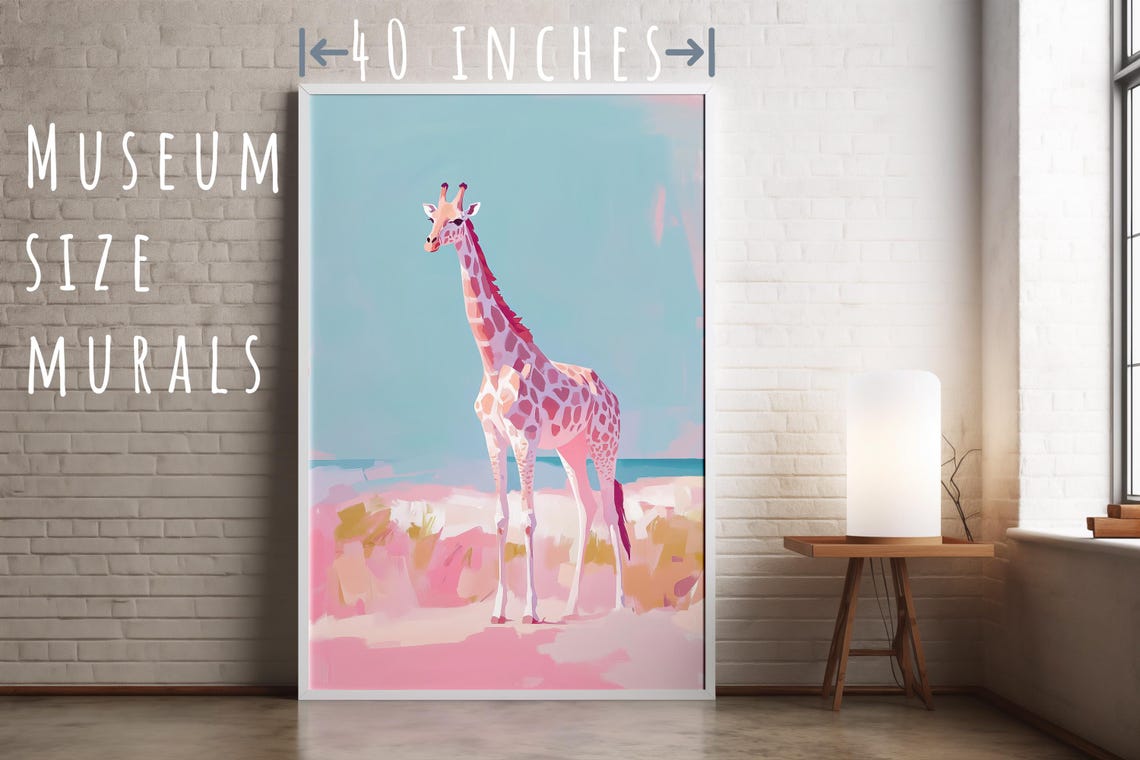 Cute Pink Pastel Giraffe Standing On Savannah Teal Sky Art Print - Image 5