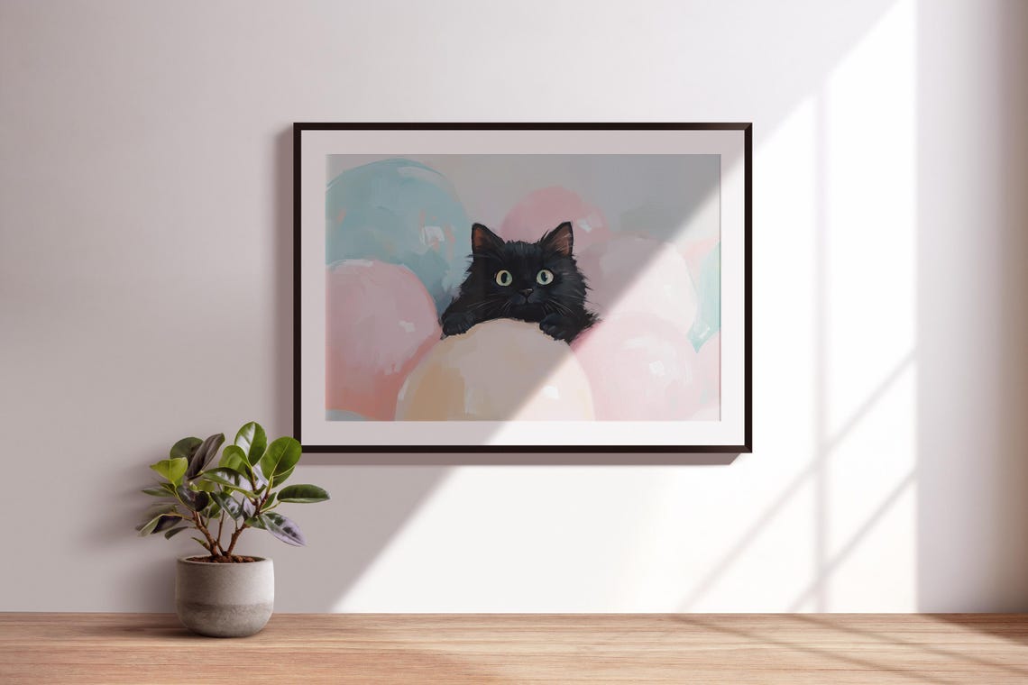 Black Kitten Peeking Over Pastel Balloons Cute Green Eyes Art Poster - Image 3