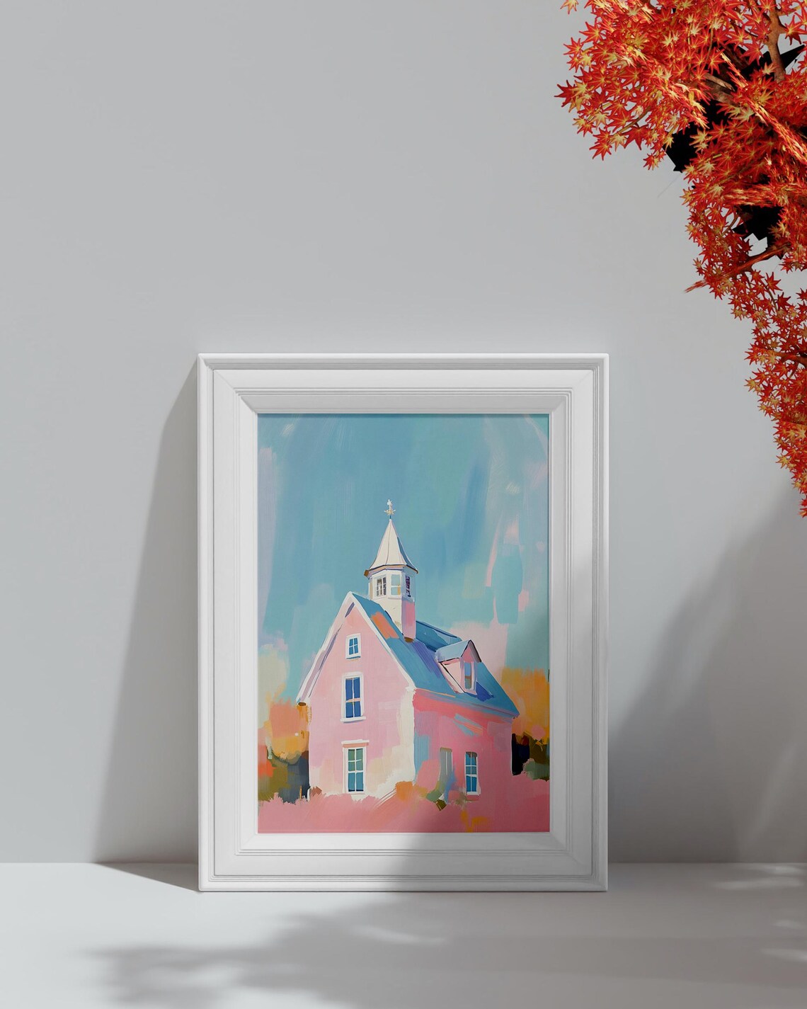 Pink Church With White Steeple Blue Roof Pastel Chapel Art Poster - Image 4