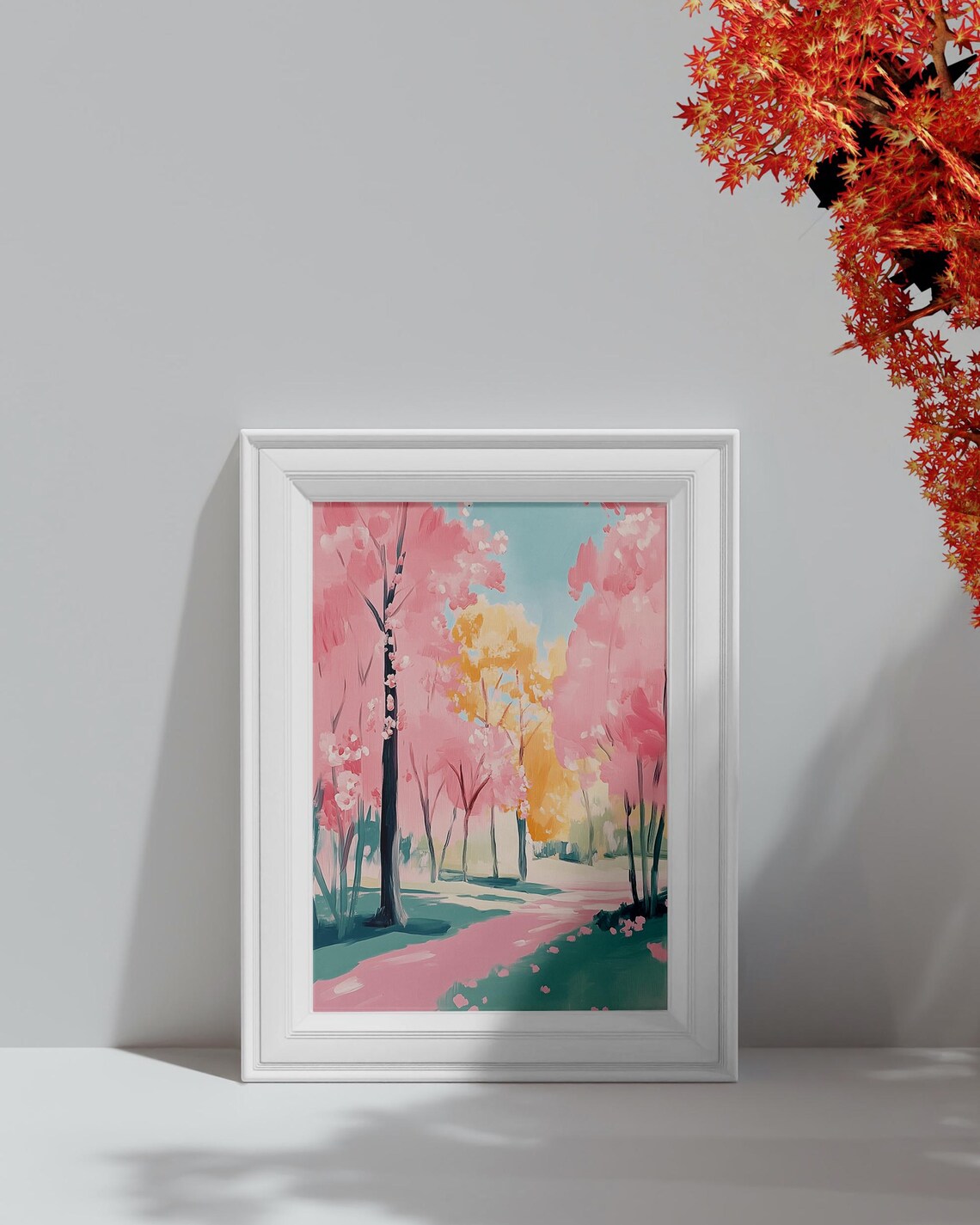 Pink Cherry Blossom Park Path Spring Pastel Nature Landscape Art Poster - Image 4
