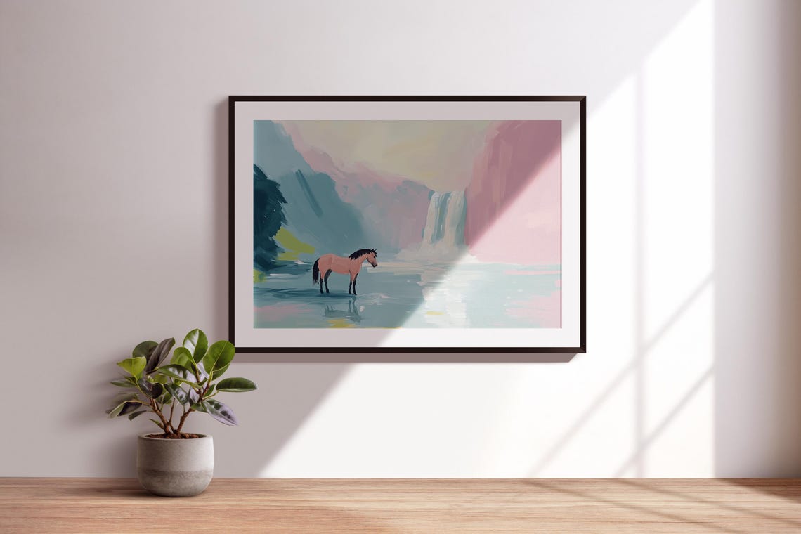 Horse Wading In River Below Waterfall Pastel Mountain Landscape Poster - Image 3