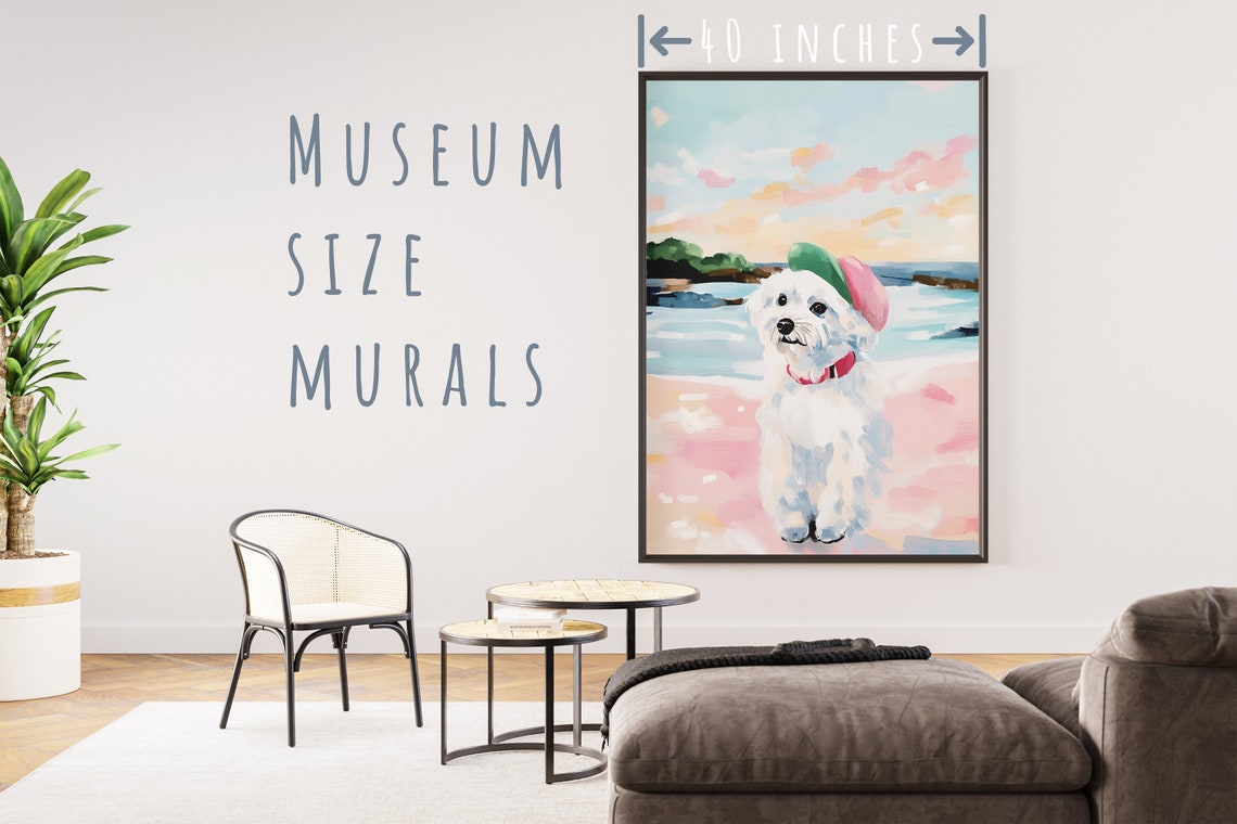 Funny White Fluffy Dog Wearing Cap Pink Beach Pastel Art Print - Image 5
