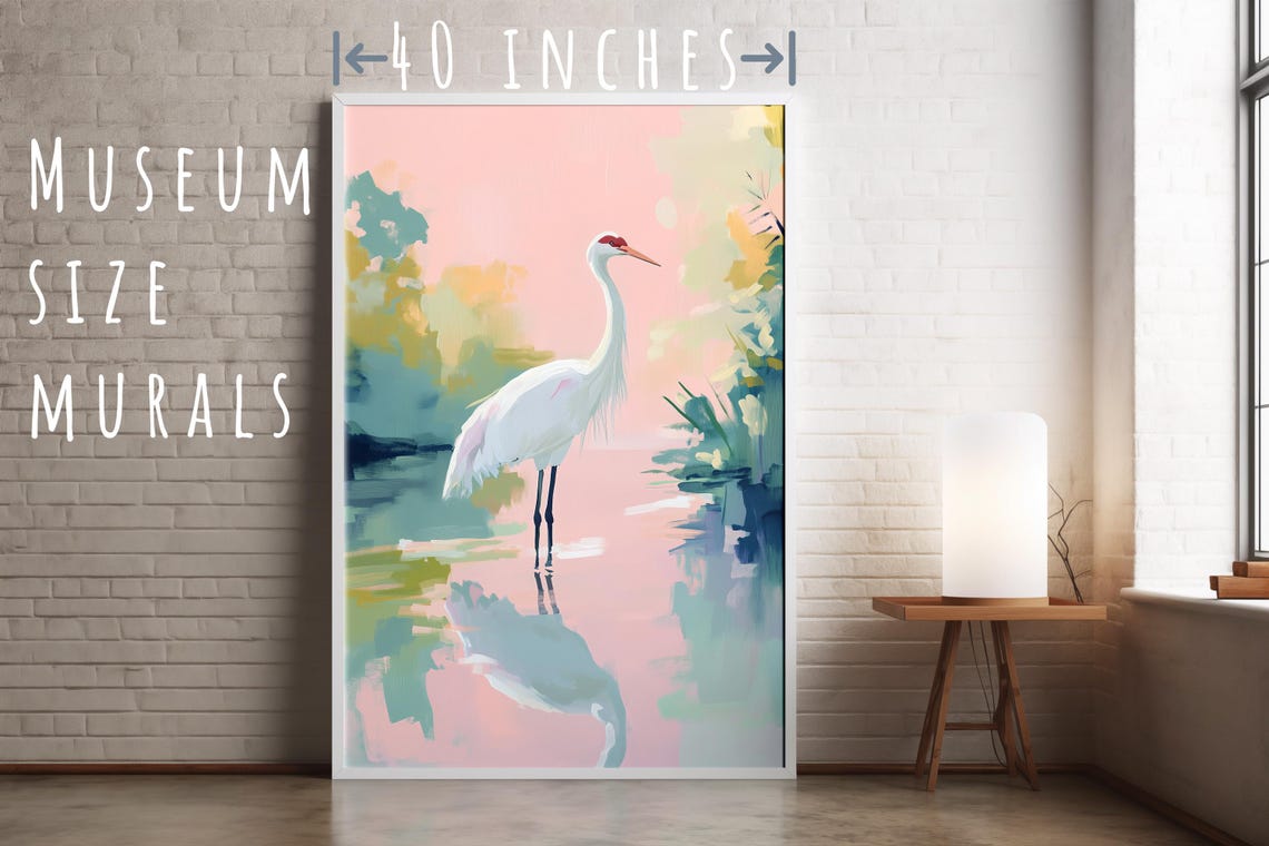 Red Crowned Crane White Bird Pink Marsh Water Impressionist Poster - Image 5