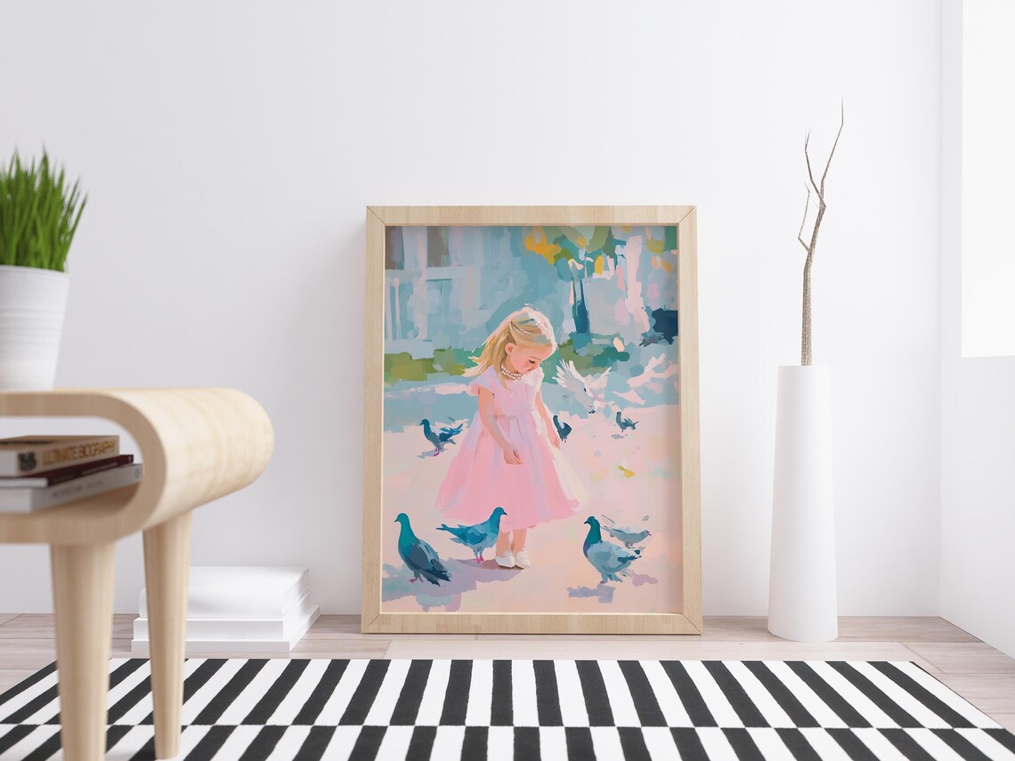 Little Girl Pink Dress Feeding Pigeons Sweet Pastel Nursery Poster - Image 4