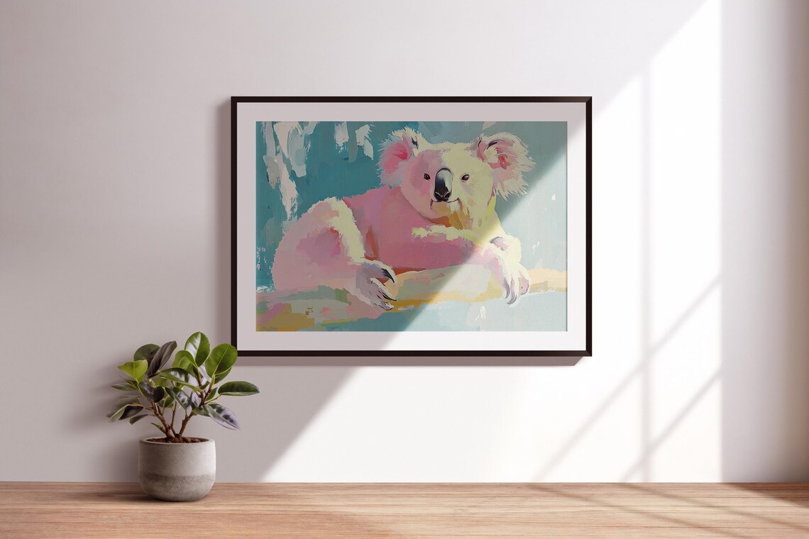 Relaxed Pink Koala on Branch Pastel Teal Cute Animal Wall Art Print - Image 3