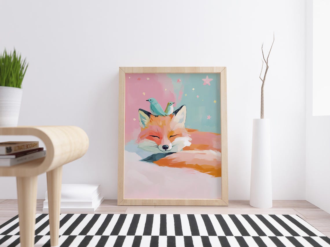 Cute Fox With Birds Print Pastel Fox Art Fox With Stars Winter Fox Art Fox In Snowflakes Wall Art Starry Night Fox Bird On Fox Art - Image 2
