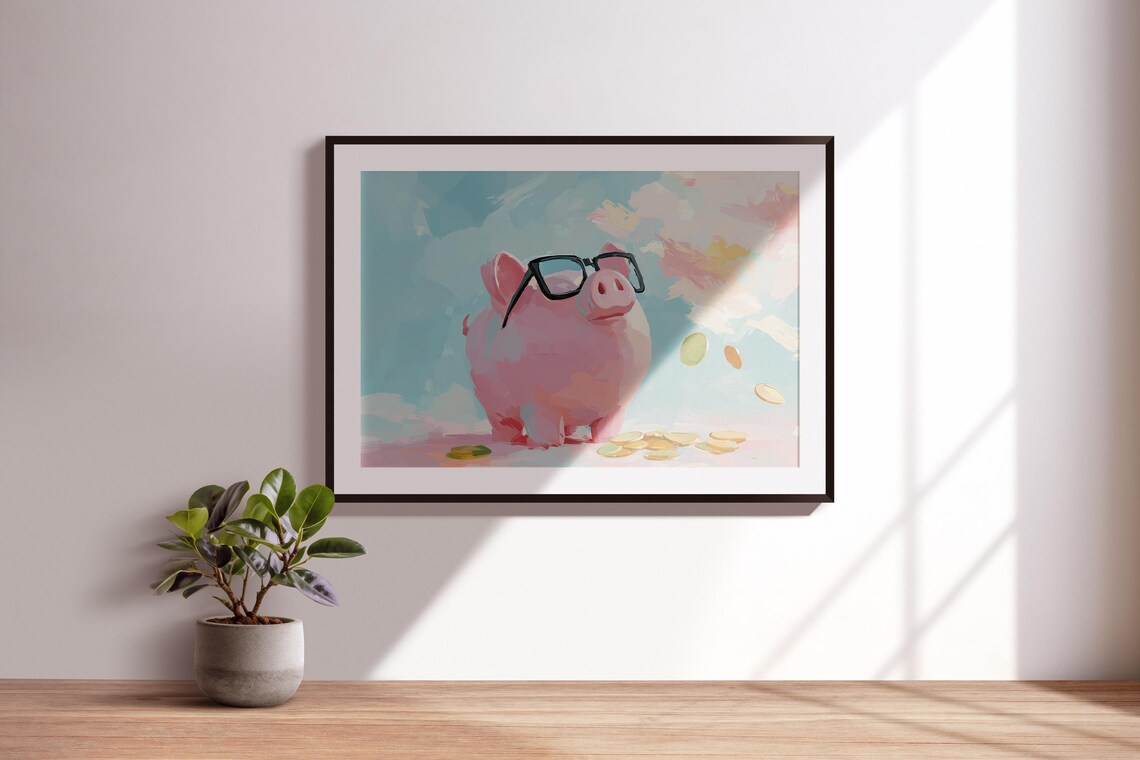 Pink Piggy Bank Black Glasses Gold Coins Funny Money Art Poster - Image 4