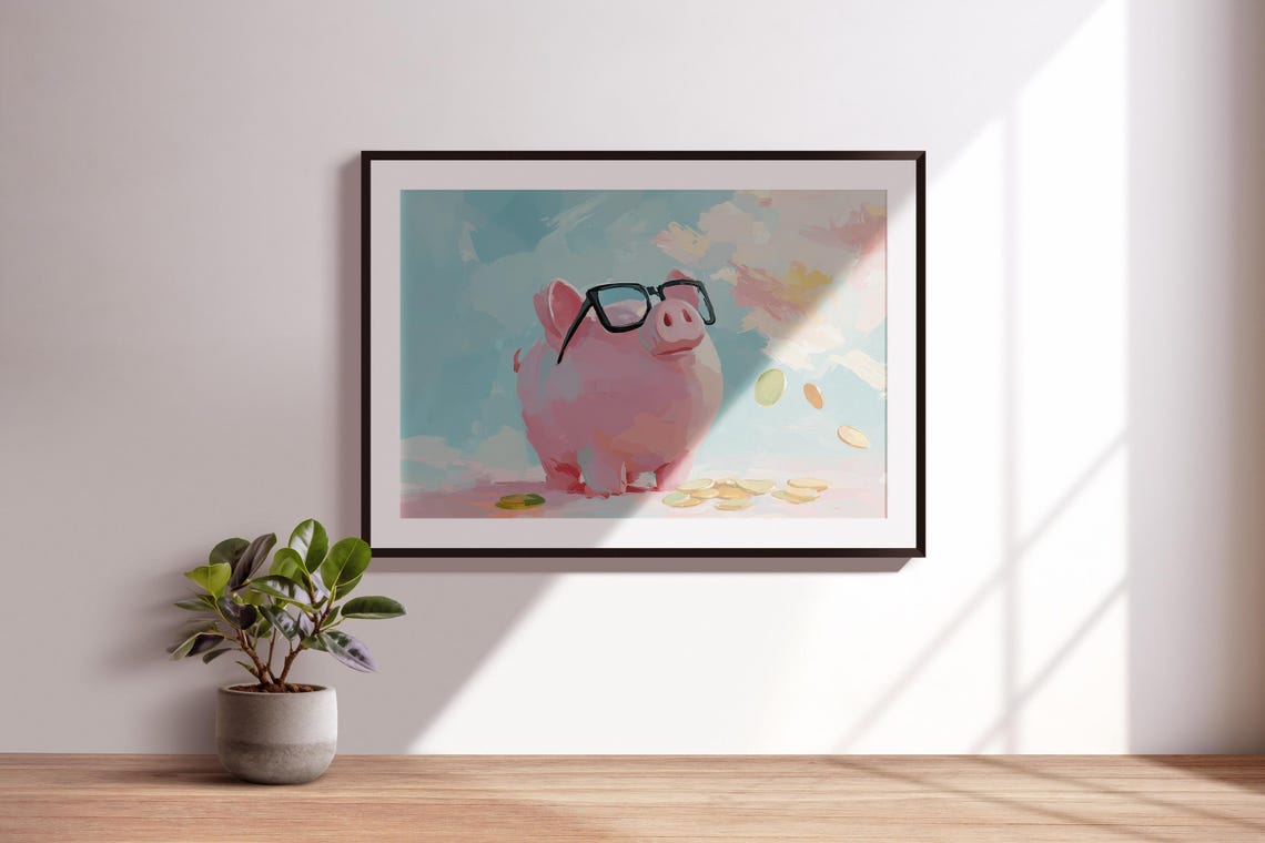 Rich Piggy Bank Painting Pixel Glasses Piggy Art Cute Piggy Bank Wall Art Piggy Bank Wall Art Piggy Bank Decor Pink Piggy Bank Art - Image 4