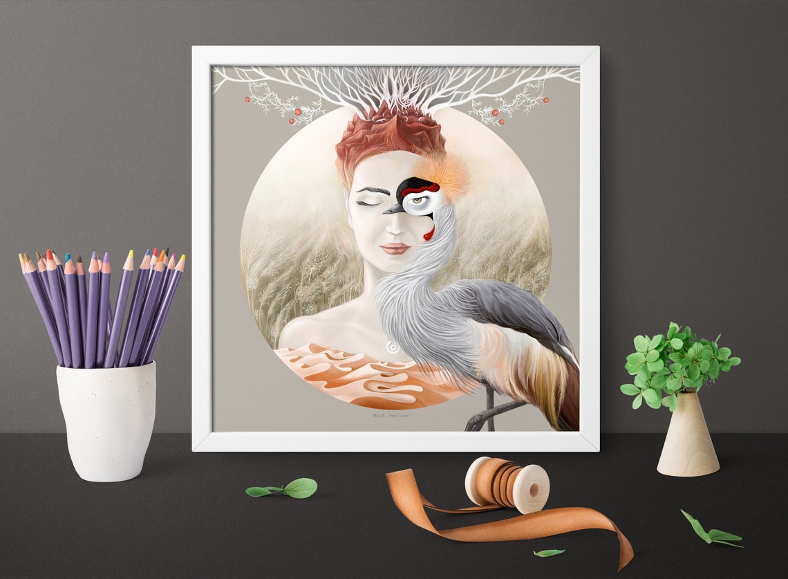 Surreal Woman Face Merging With Crowned Crane Under Moon Art Poster - Image 2