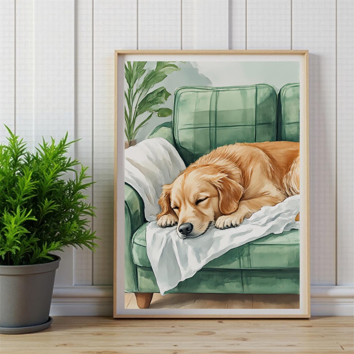 Sleeping Golden Retriever On Green Couch Watercolor Dog Print