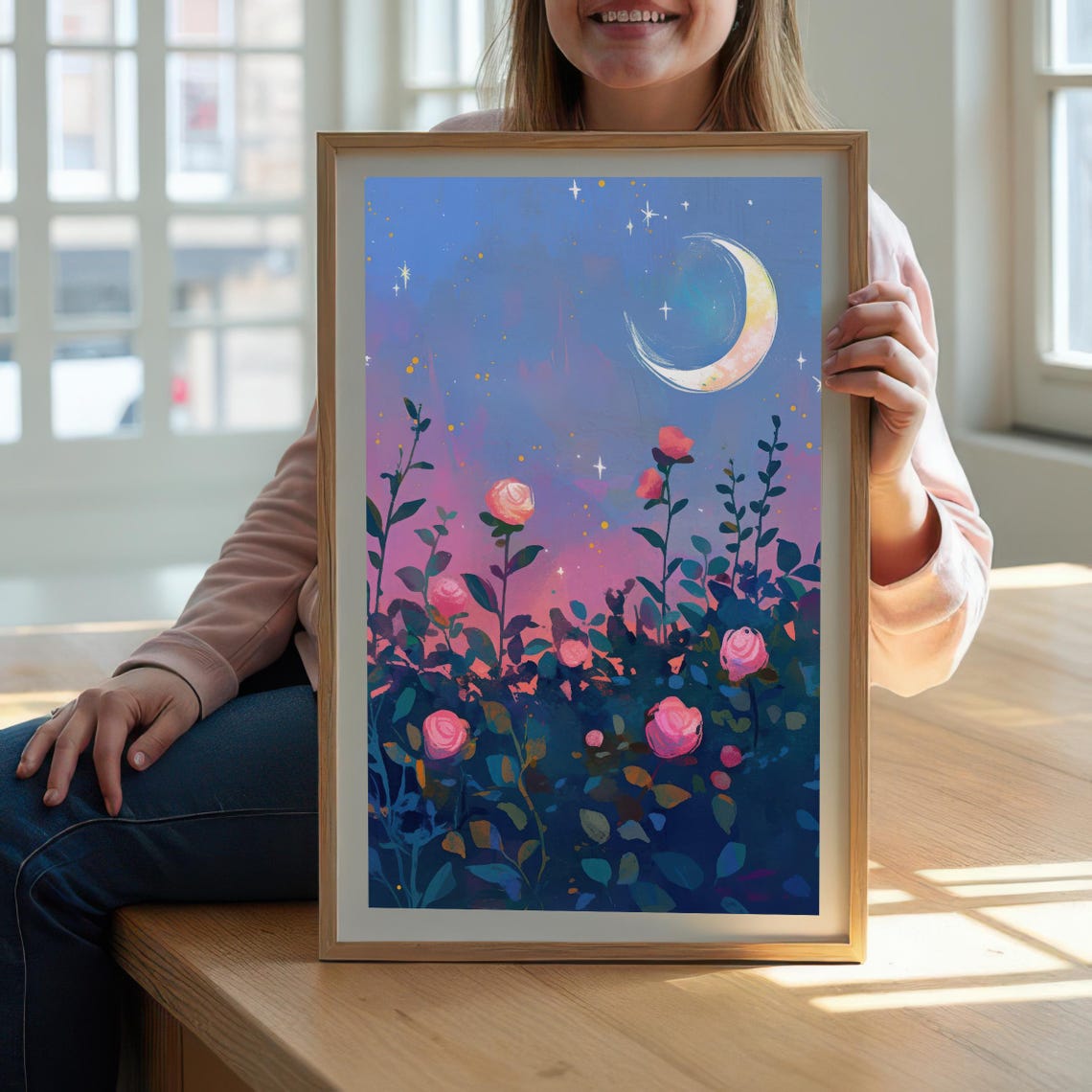 Crescent Moon and Pink Roses Dreamy Night Garden Floral Art Print