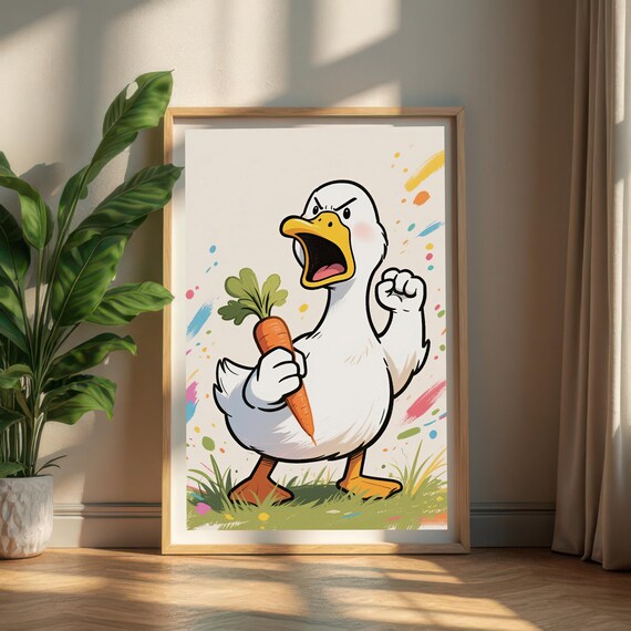 Angry Duck Holding Carrot Cartoon Funny Quirky Animal Poster