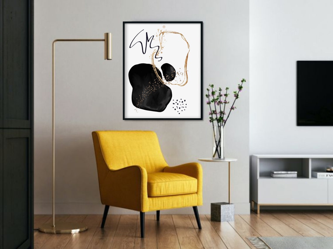 Abstract Wall Art Prints Minimalist Wall Decor Abstract Neutral Wall Art Black And White And Gold Art - Image 2