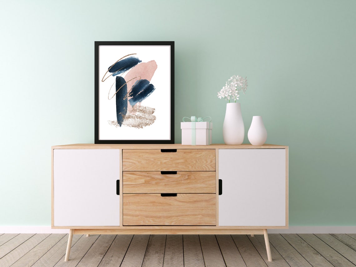 Navy Blush Pink Gold Glitter Brushstrokes Minimalist Art Poster - Image 2