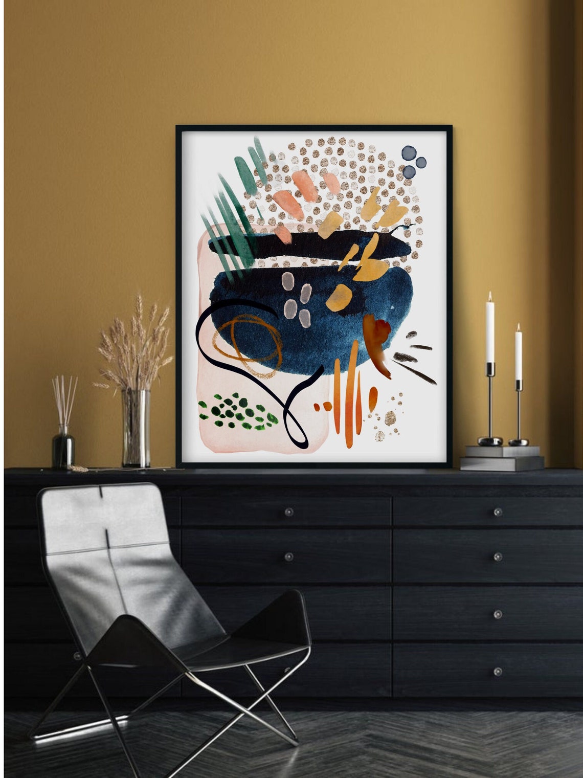 Navy Blush Gold Green Colorful Abstract Watercolor Artwork Poster - Image 2