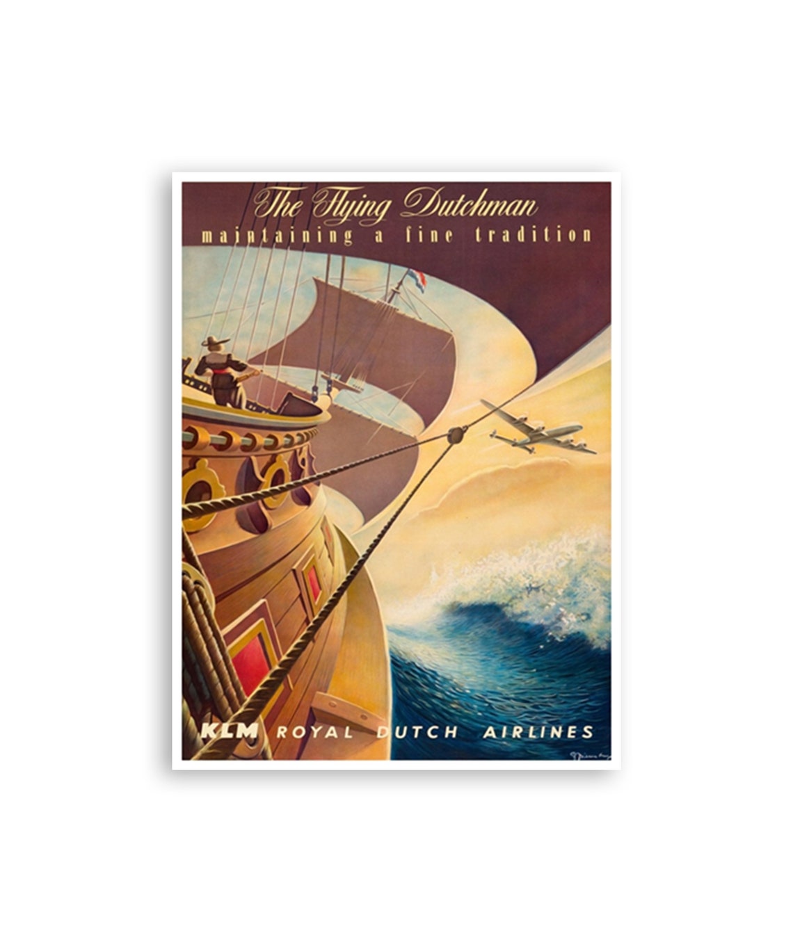 KLM Flying Dutchman Galleon Jet Royal Dutch Airlines Vintage Poster