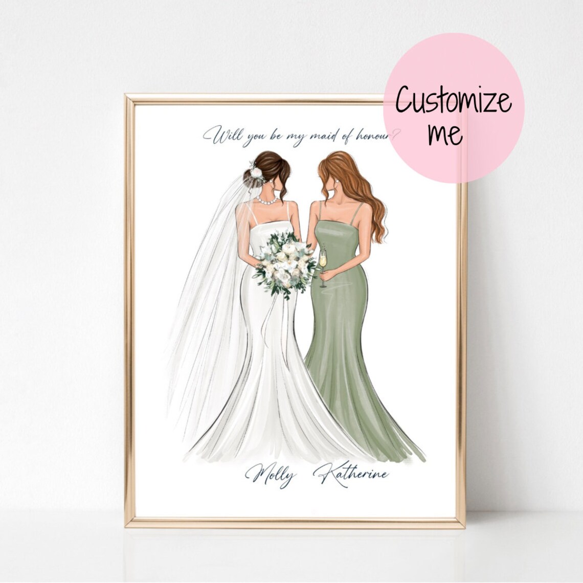 Custom Bridesmaid Illustration, Bridal Party Art Print - Image 5