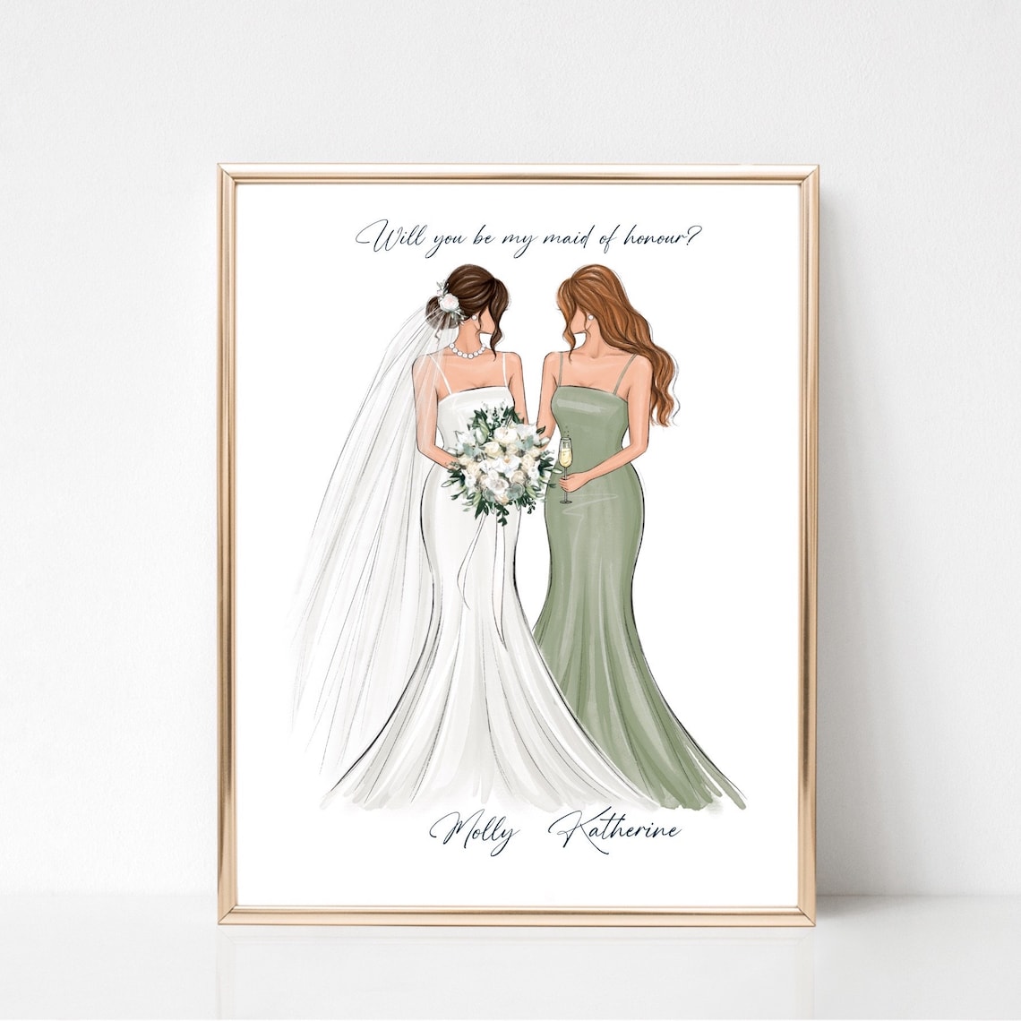 Custom Bridesmaid Illustration, Bridal Party Art Print