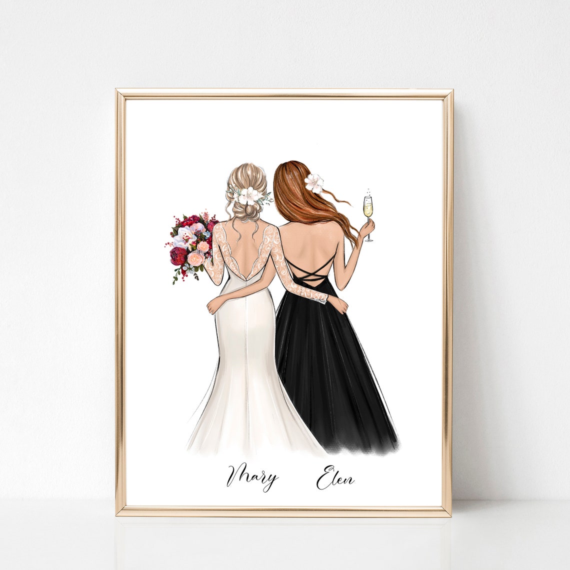 Bride and Bridesmaid Burgundy Gowns Back View Fashion Poster - Image 2