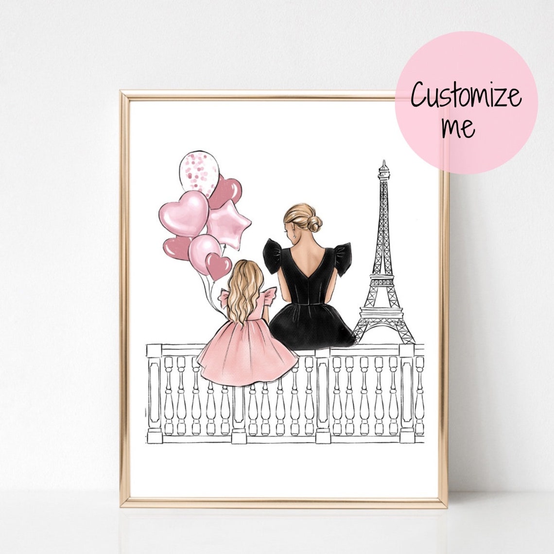 Personalized Mom and Daughter Paris Eiffel Tower Balloon Poster