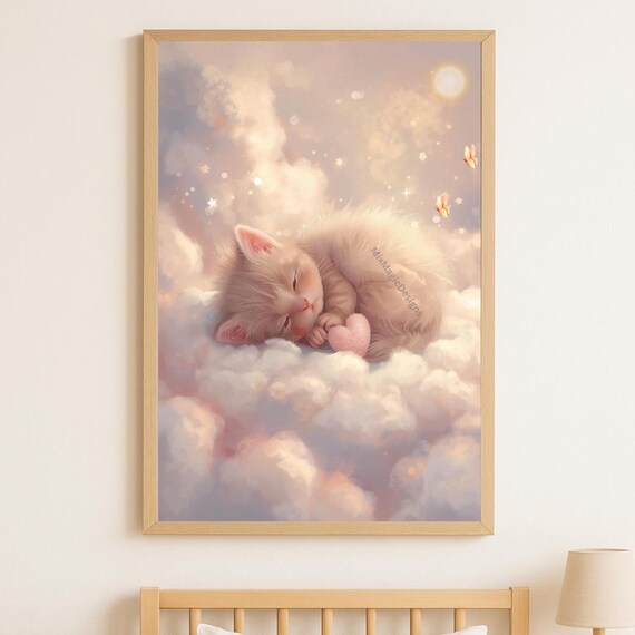 Sleeping Kitten on Cloud Poster Dreamy Pastel Nursery Art Decor