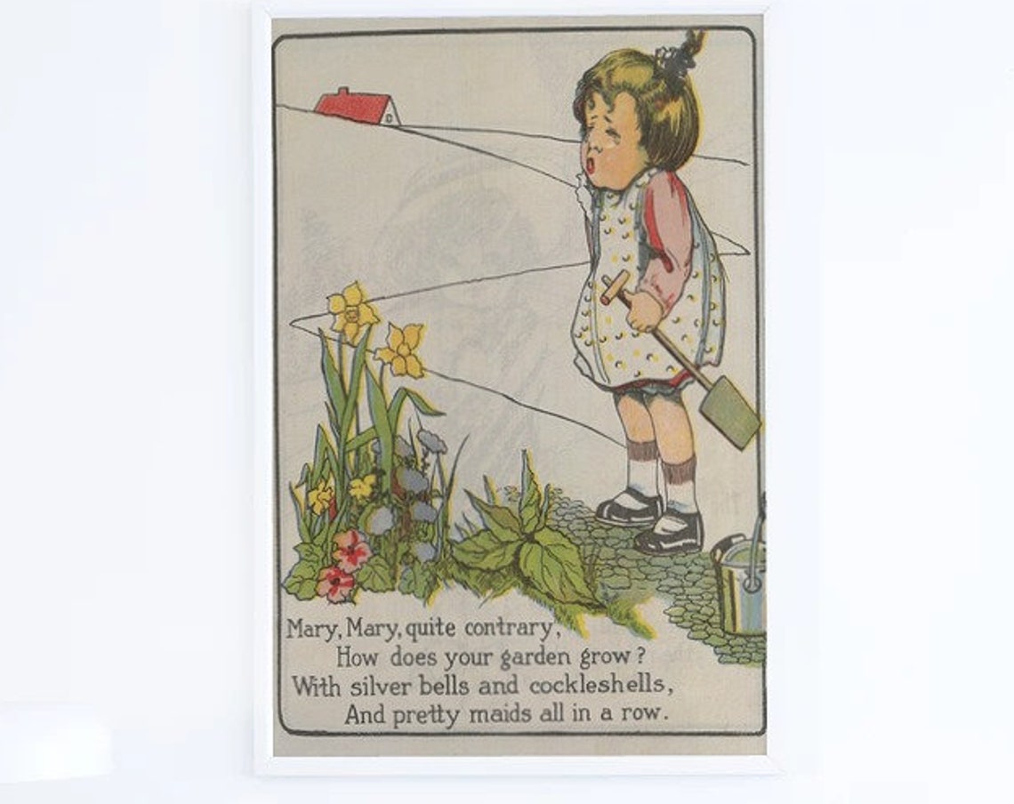 Mary Mary Quite Contrary Garden Nursery Rhyme Vintage Kids Poster