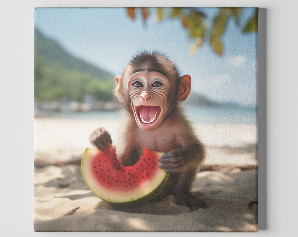 Cute Baby Monkey on a Beach, Tropical Art Print