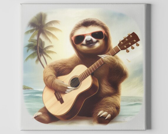 Sloth Playing Guitar Art Print, Tropical Costa Rica