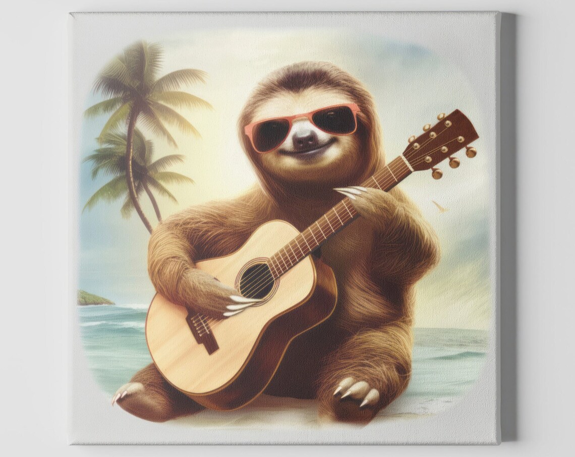 Sloth Playing Guitar Art Print, Tropical Costa Rica