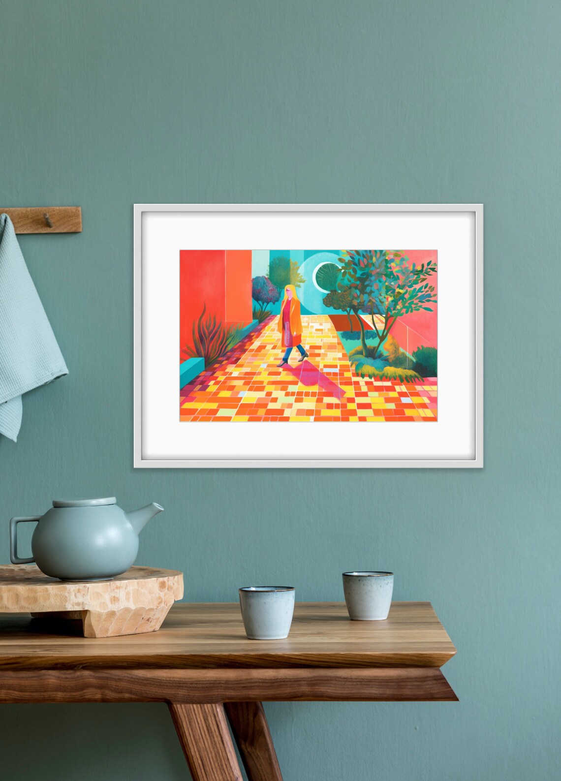 Woman Walking by the Pool in Vibrant Pop Art Courtyard Painting Poster - Image 2