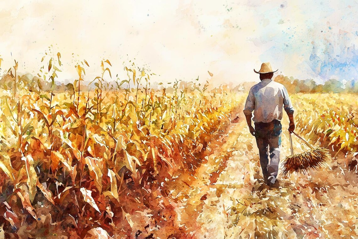 Farmer Golden Corn Field Harvest Watercolor Rural Scene Poster