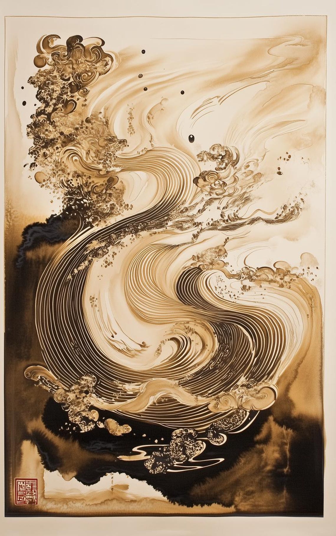 Sepia Ink Wind and Waves in a Classic Japanese Style Art Poster
