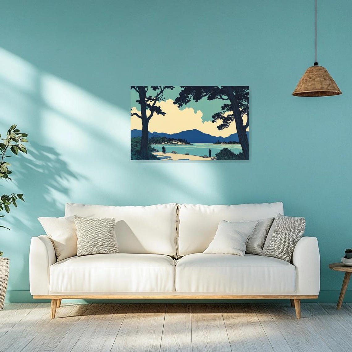 Japanese Woodblock Style Coastal Pine Trees and Blue Bay Poster - Image 3