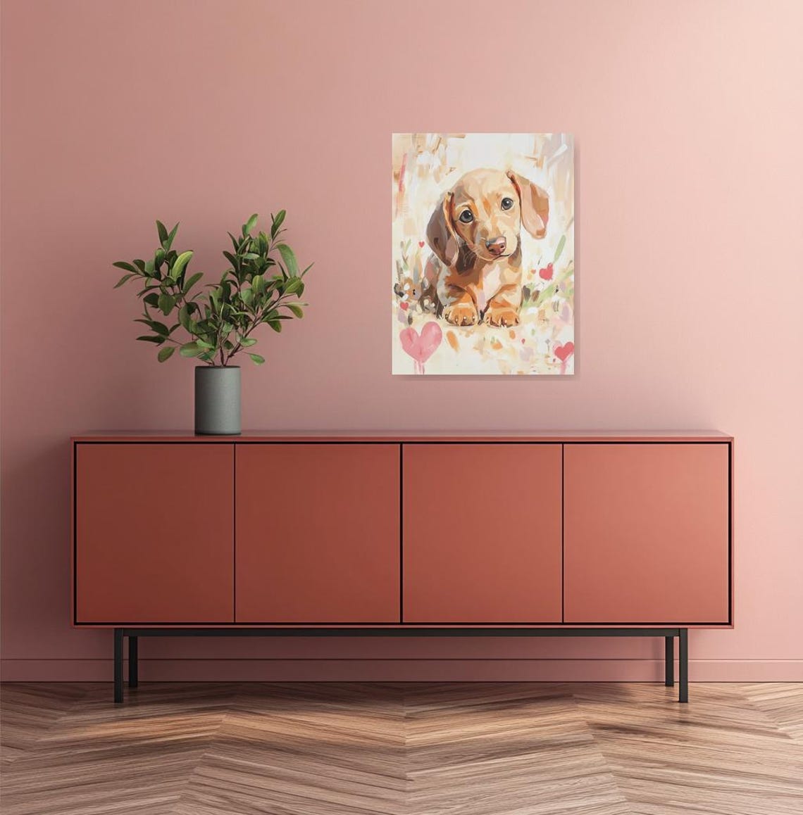 Adorable Dachshund Puppy Portrait with Hearts Painting Poster - Image 2