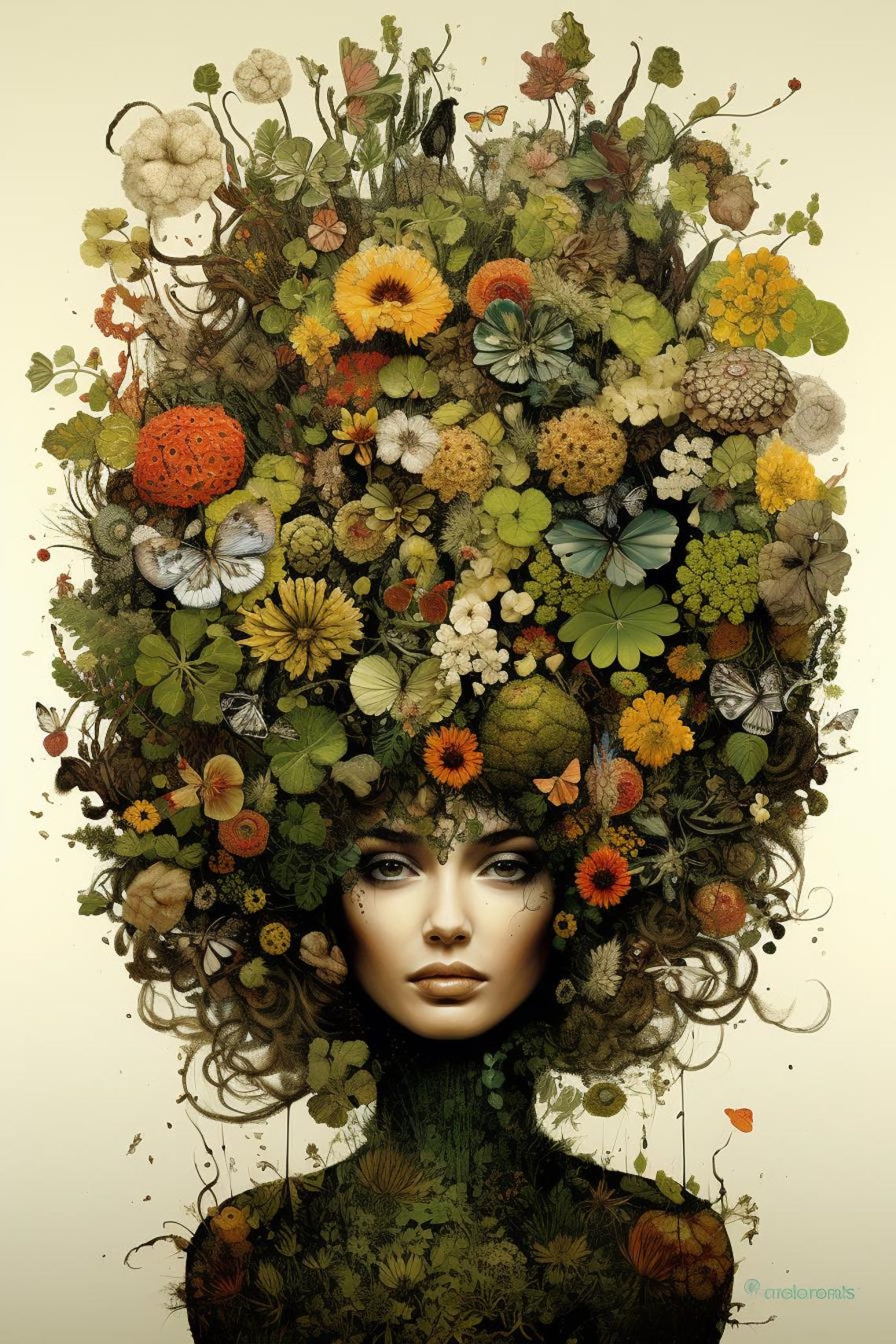 Woman With Flower Crown Botanical Whimsical Portrait Art Poster