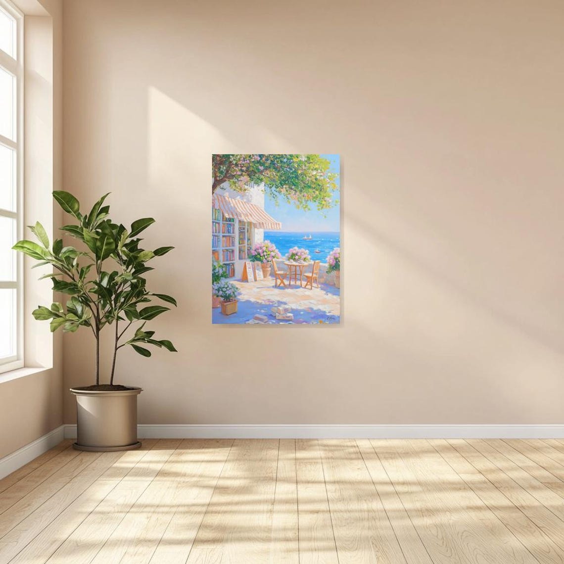 Seaside Bookshop Cafe Terrace Overlooking Blue Ocean Floral Art Poster - Image 3