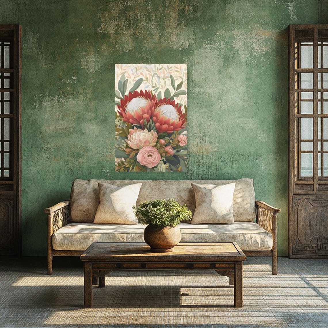 Protea and Rose Bouquet Botanical Painting in Soft Pastels Poster - Image 3