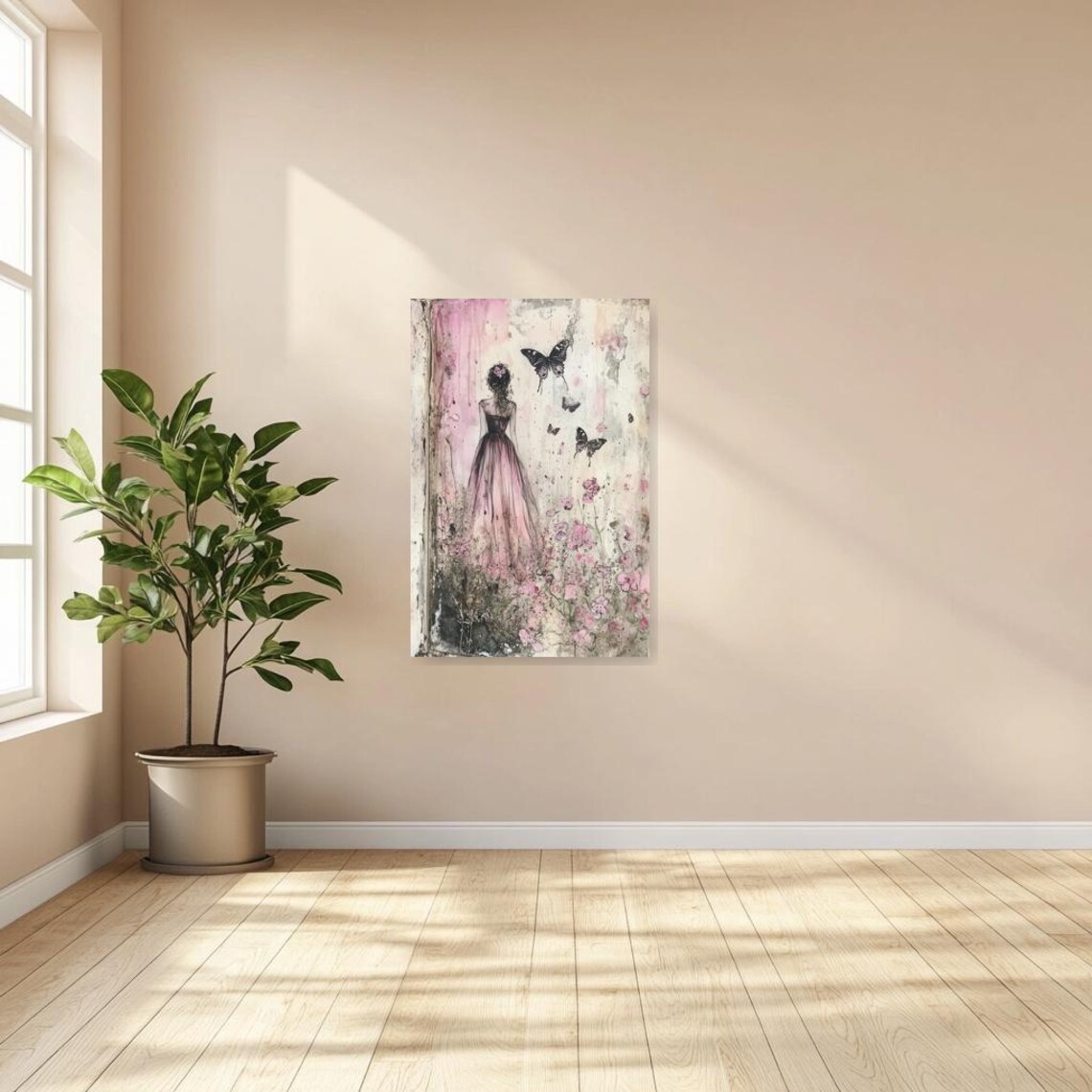 Girl in a Flowing Pink Dress with Butterflies Fashion Poster - Image 3