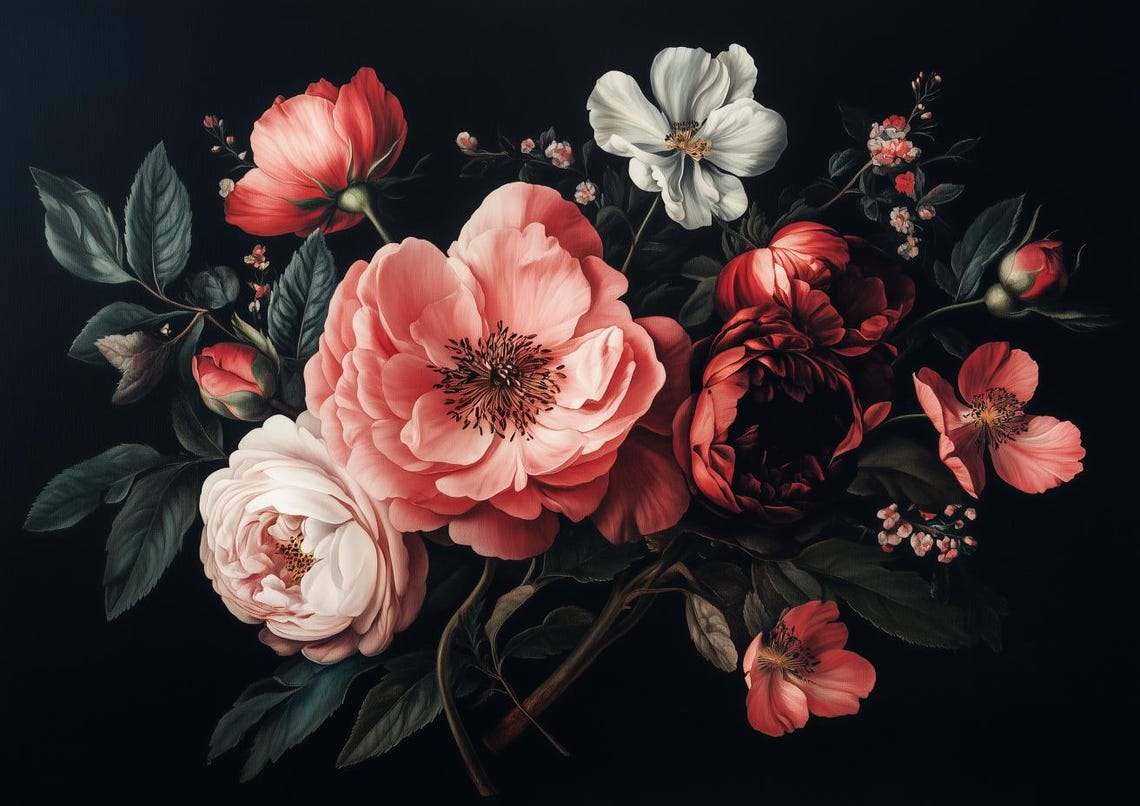 Moody Dark Red Roses Botanical Arrangement Black Bloom Poster