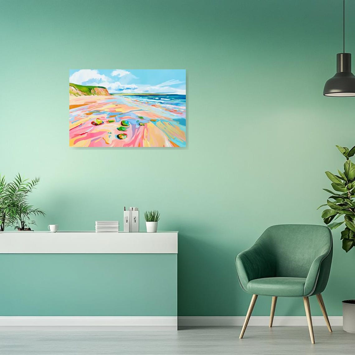 Colorful Coastal Beach Scene with Green Cliffs and Turquoise Poster - Image 3
