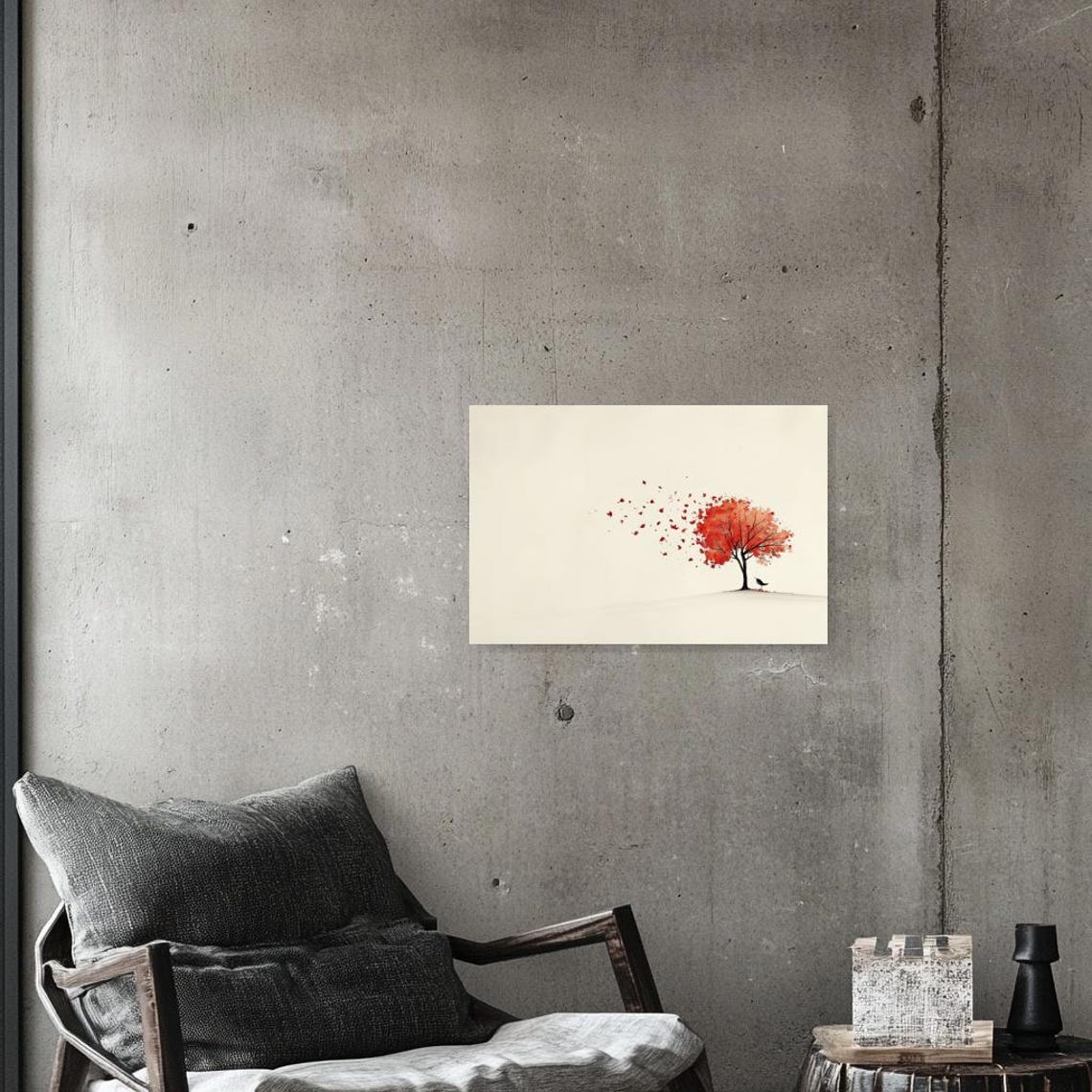 Red Autumn Tree With Falling Leaves Minimalist Watercolor Art Print - Image 2