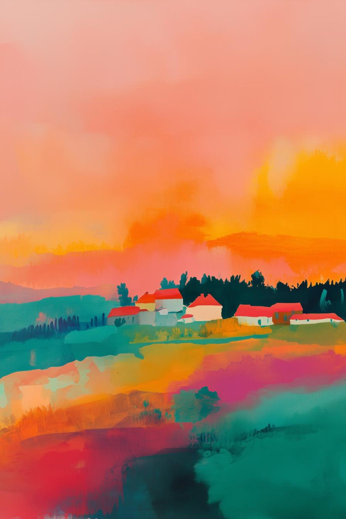 Dreamy Colorful Village Sunset Red Rooftops Vibrant Art Poster