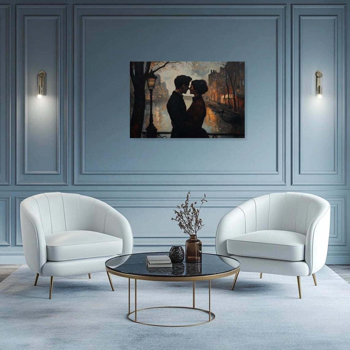 Romantic Night Kiss On City Bridge Canal Lights Painting Poster - Image 3